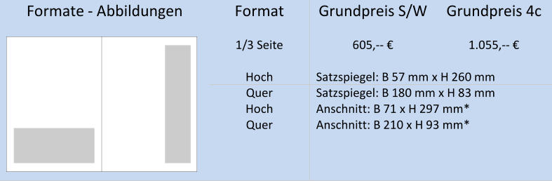 Formate  -   Abbildungen   Format   Grundpreis S/W   Grundpreis 4c             1/ 3   Seite   605 , --   €   1 . 055 , --   €         H och   Satzspiegel: B 57   mm x H  260   mm   Quer   Satzspiegel: B 1 80   mm x H 83   mm   Hoch   Anschnitt: B 71 x H 297 mm*   Quer   Anschnitt: B 210 x H 93 mm*